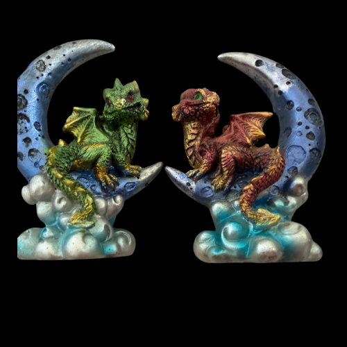 Dragon Figurines on Crescent Moon Ornaments Fantasy Resin Statues Pair Decorative Display