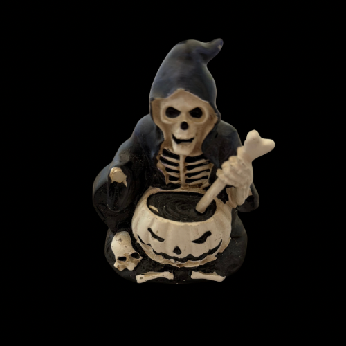 Skeleton Stirring Pumpkin Cauldron Figurine